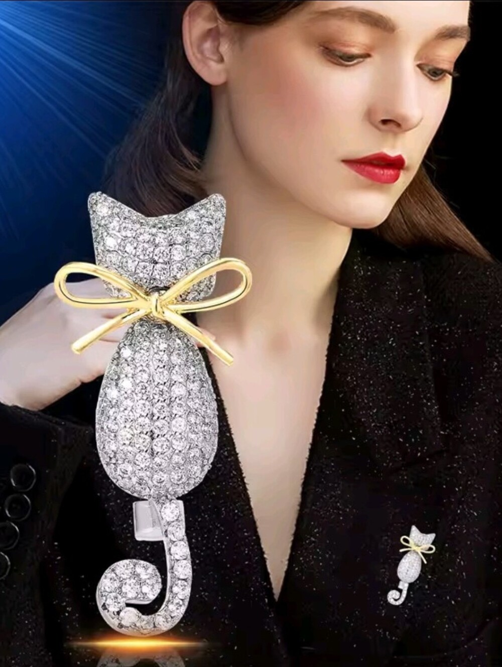 Silver Crystal Cat Brooch with Gold Bow